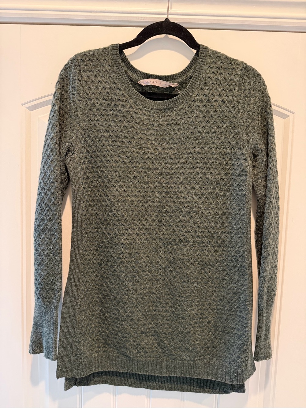 Athleta Merino Wool Blend Honeycomb Knit Sweater Green Side Slit